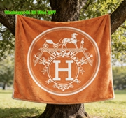 Hermès Iconic Orange H Crest Flannel Fleece Throw Blanket IMG_4958